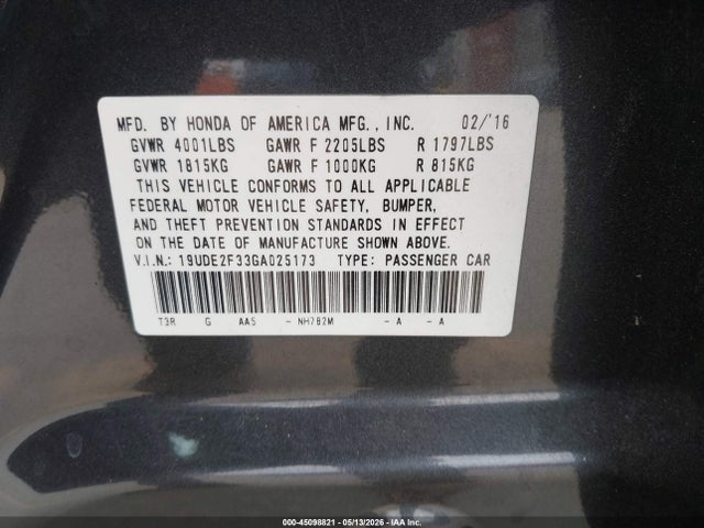 45098821 :رقم المزاد ، 19UDE2F33GA025173 vin ، 2016 Acura Ilx 2.4l/acurawatch Plus Package مزاد بيع
