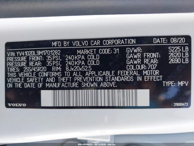 2021 Volvo Xc60 T5 Inscription მანქანა იყიდება აუქციონზე, vin: YV4102DL9M1701282, აუქციონის ნომერი: 45098833