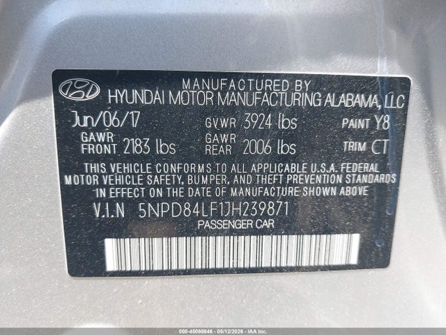 Aukcja sprzedaży 2018 Hyundai Elantra Sel, vin: 5NPD84LF1JH239871, numer aukcji: 45098846