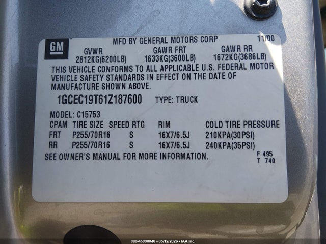 45098848 :رقم المزاد ، 1GCEC19T61Z187600 vin ، 2001 Chevrolet Silverado 1500 Ls مزاد بيع