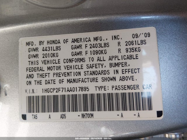 Продажа на аукционе авто 2010 Honda Accord 2.4 Ex, vin: 1HGCP2F71AA017895, номер лота: 45098856