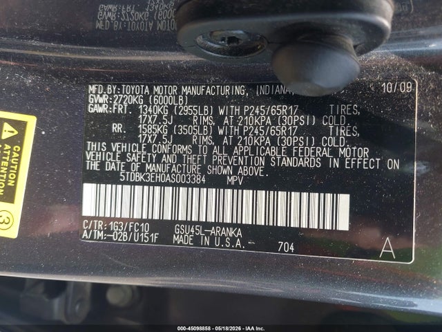 45098858 :رقم المزاد ، 5TDBK3EH0AS003384 vin ، 2010 Toyota Highlander Base V6 مزاد بيع