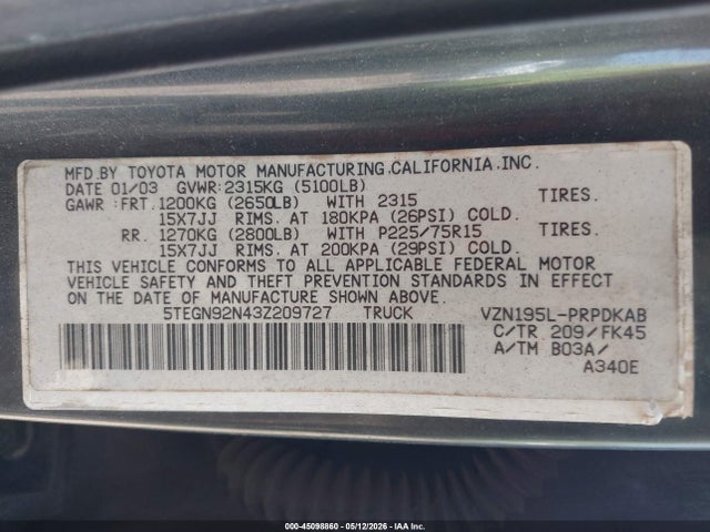 2003 Toyota Tacoma Prerunner V6 მანქანა იყიდება აუქციონზე, vin: 5TEGN92N43Z209727, აუქციონის ნომერი: 45098860