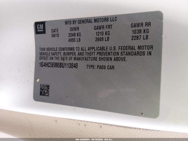45098864 :رقم المزاد ، 1G4HC5EM6BU113848 vin ، 2011 Buick Lucerne Cxl مزاد بيع
