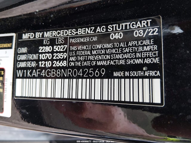 Aukcja sprzedaży 2022 Mercedes-benz C 300 Sedan, vin: W1KAF4GB8NR042569, numer aukcji: 45098871
