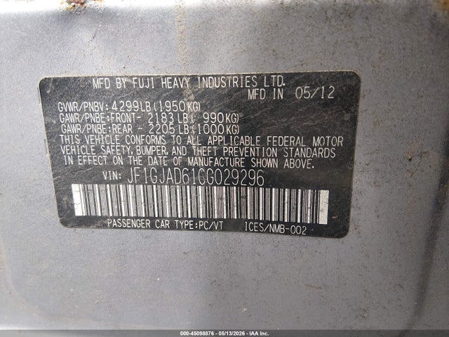 Aukcja sprzedaży 2012 Subaru Impreza 2.0i Premium, vin: JF1GJAD61CG029296, numer aukcji: 45098876