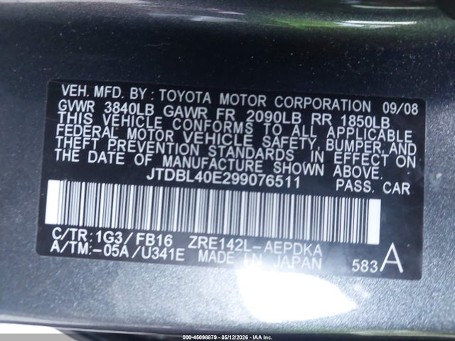 Продаж на аукціоні авто 2009 Toyota Corolla Le, vin: JTDBL40E299076511, номер лоту: 45098879