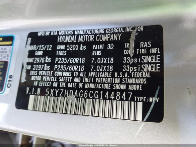 45098884 :رقم المزاد ، 5XYZHDAG6CG144847 vin ، 2012 Hyundai Santa Fe Se مزاد بيع