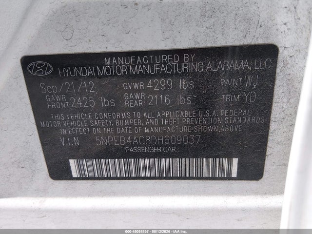 Aukcja sprzedaży 2013 Hyundai Sonata Gls, vin: 5NPEB4AC8DH609037, numer aukcji: 45098897