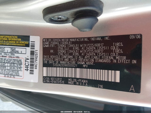 2006 Toyota Sienna Xle მანქანა იყიდება აუქციონზე, vin: 5TDZA22CX6S555521, აუქციონის ნომერი: 45098906
