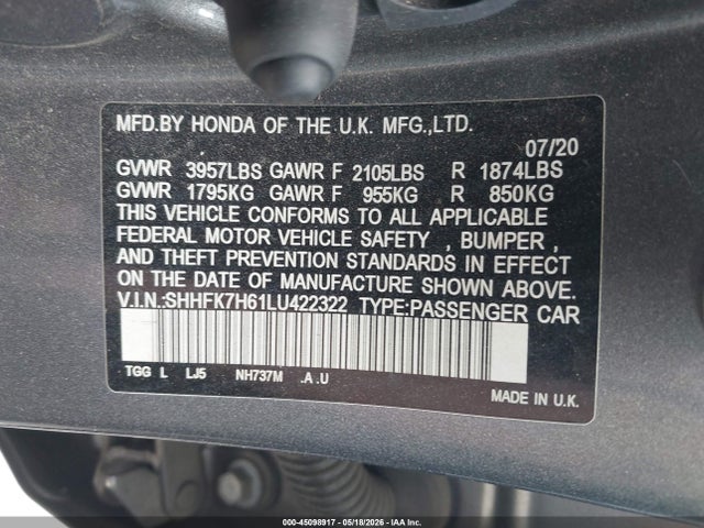 Honda CIVIC EX 2020 SHHFK7H61LU422322 Image 9