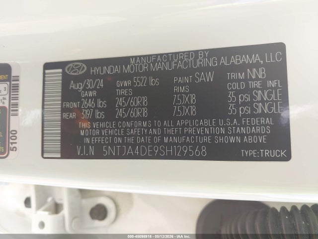 Aukcja sprzedaży 2025 Hyundai Santa Cruz Se, vin: 5NTJA4DE9SH129568, numer aukcji: 45098918
