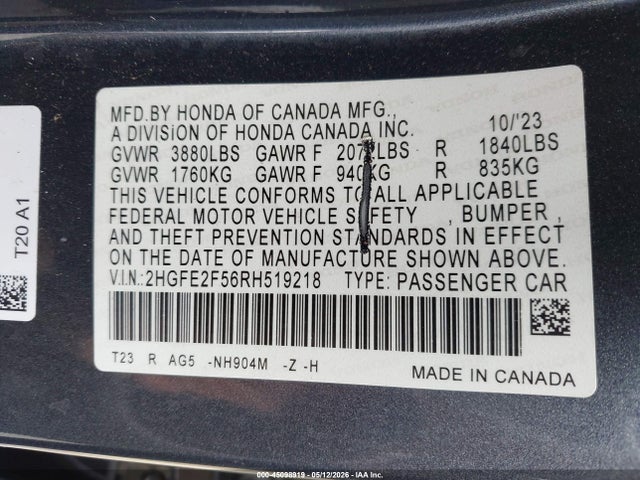 Honda Civic Sport 2024 2HGFE2F56RH519218 Image 9