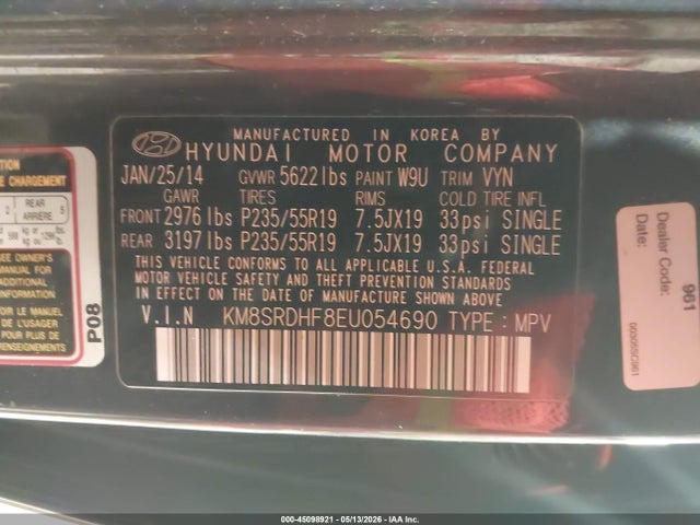 Продажа на аукционе авто 2014 Hyundai Santa Fe Gls, vin: KM8SRDHF8EU054690, номер лота: 45098921