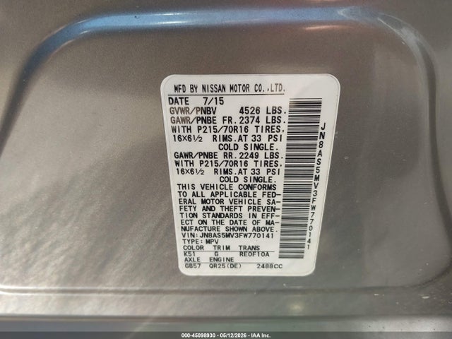 45098930 :رقم المزاد ، JN8AS5MV3FW770141 vin ، 2015 Nissan Rogue Select S مزاد بيع