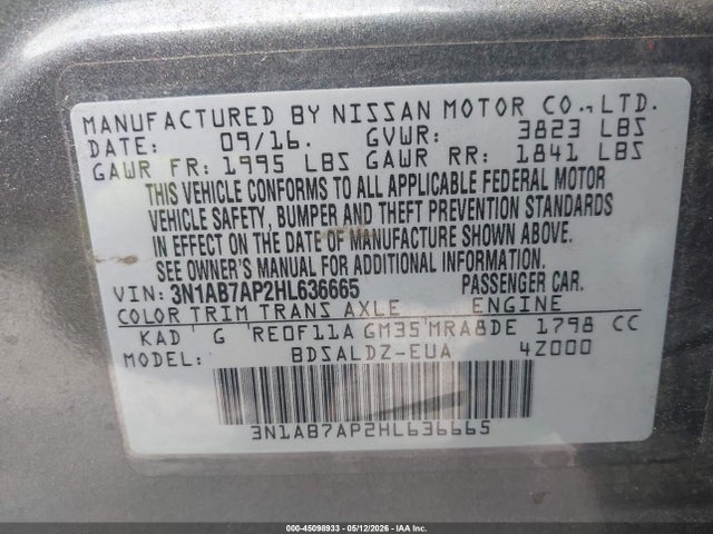 Aukcja sprzedaży 2017 Nissan Sentra, vin: 3N1AB7AP2HL636665, numer aukcji: 45098933