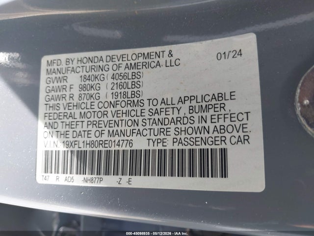 Продажа на аукционе авто 2024 Honda Civic Sport Touring, vin: 19XFL1H80RE014776, номер лота: 45098935