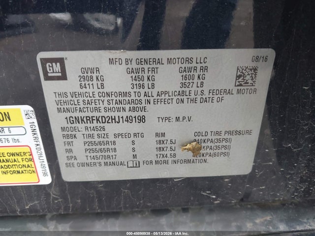 Продажа на аукционе авто 2017 Chevrolet Traverse Ls, vin: 1GNKRFKD2HJ149198, номер лота: 45098938
