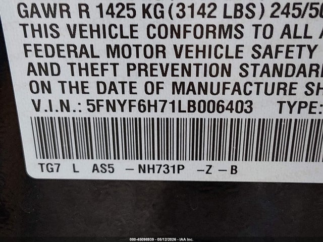Продажа на аукционе авто 2020 Honda Pilot Awd Black Edition, vin: 5FNYF6H71LB006403, номер лота: 45098939