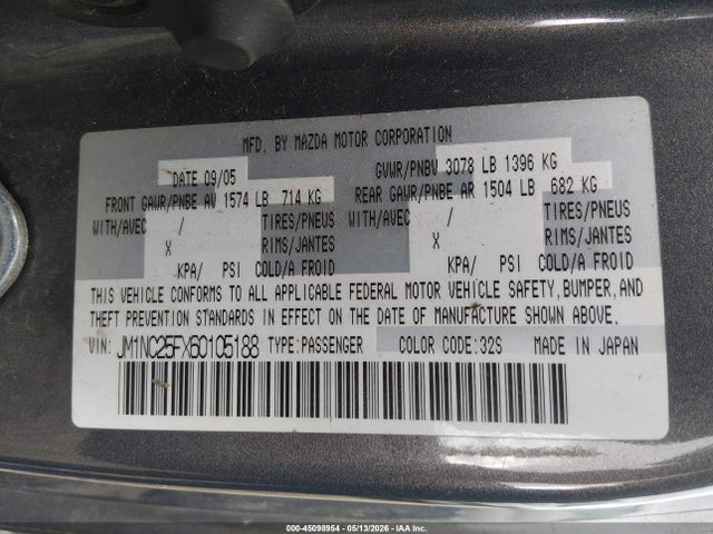 Продаж на аукціоні авто 2006 Mazda Mx-5 Grand Touring, vin: JM1NC25FX60105188, номер лоту: 45098954