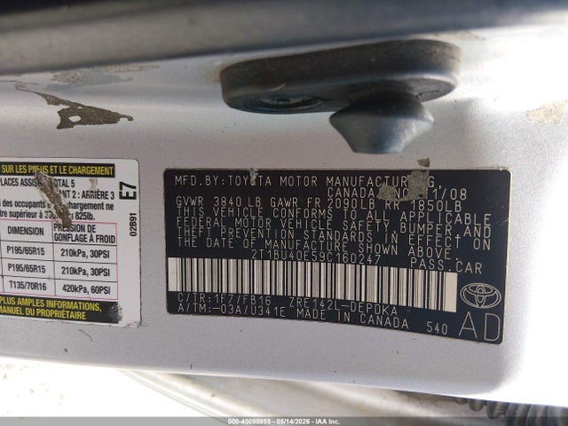 Aukcja sprzedaży 2009 Toyota Corolla Le, vin: 2T1BU40E59C160247, numer aukcji: 45098955