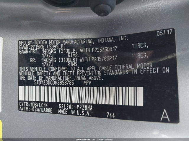 Auction sale of the 2017 Toyota Sienna Xle Premium 8 Passenger, vin: 5TDYZ3DC0HS858785, lot number: 45098958
