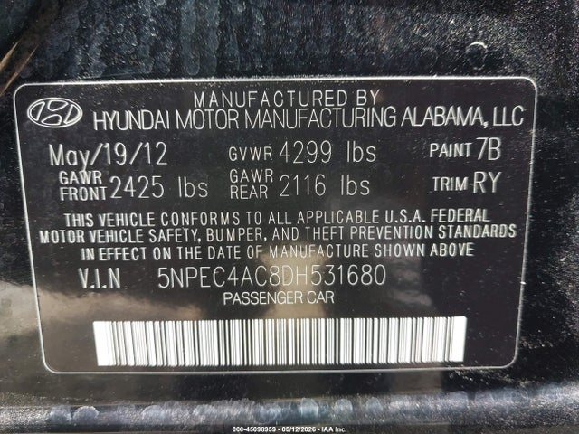45098959 :رقم المزاد ، 5NPEC4AC8DH531680 vin ، 2013 Hyundai Sonata Se مزاد بيع