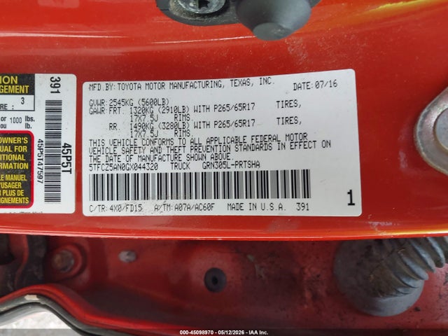 Aukcja sprzedaży 2016 Toyota Tacoma Trd Sport, vin: 5TFCZ5AN0GX044320, numer aukcji: 45098970