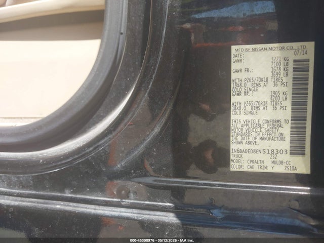 Aukcja sprzedaży 2014 Nissan Titan Sv, vin: 1N6BA0ED8EN518303, numer aukcji: 45098976