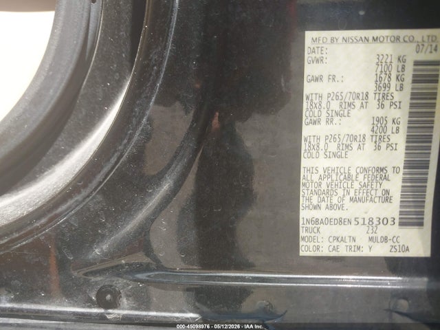 Aukcja sprzedaży 2014 Nissan Titan Sv, vin: 1N6BA0ED8EN518303, numer aukcji: 45098976