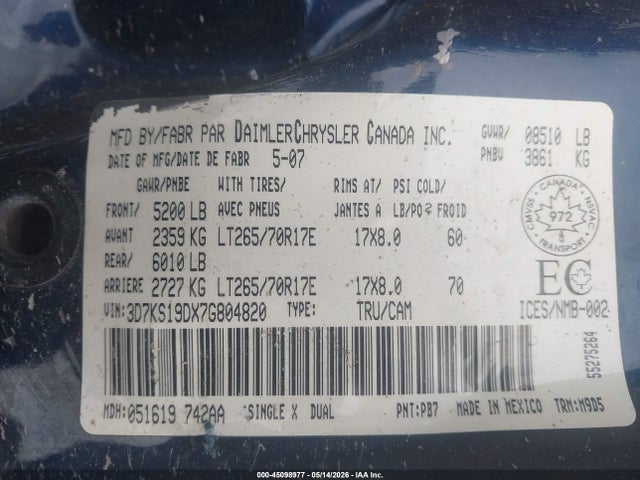 45098977 :رقم المزاد ، 3D7KS19DX7G804820 vin ، 2007 Dodge Ram 1500 Slt مزاد بيع