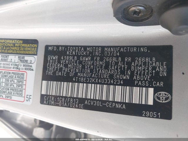 Продаж на аукціоні авто 2004 Toyota Camry Le, vin: 4T1BE32KX4U334234, номер лоту: 45098979