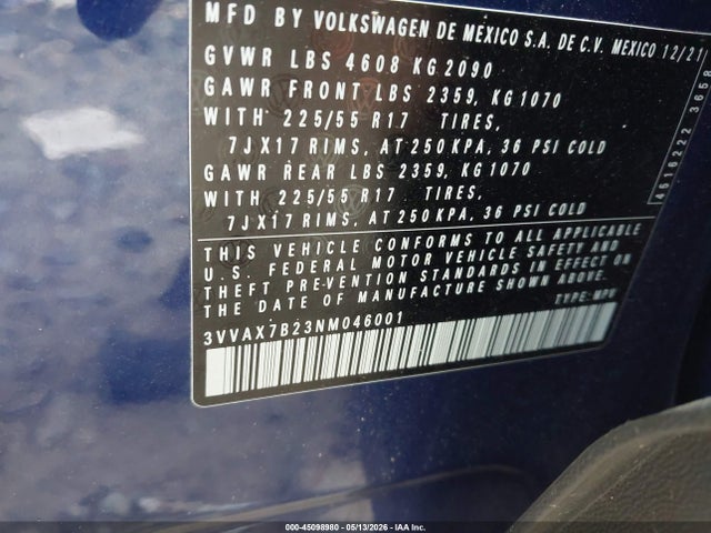 Продажа на аукционе авто 2022 Volkswagen Taos 1.5t S, vin: 3VVAX7B23NM046001, номер лота: 45098980