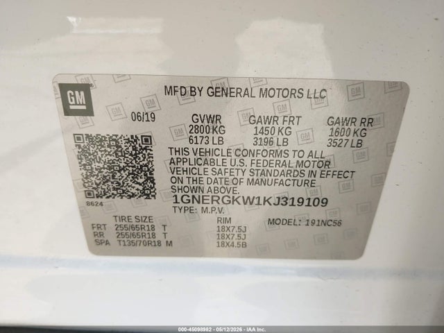 1GNERGKW1KJ319109 Chevrolet Traverse 1lt