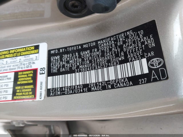 2010 Toyota Corolla მანქანა იყიდება აუქციონზე, vin: 2T1BU4EEXAC371683, აუქციონის ნომერი: 45098985