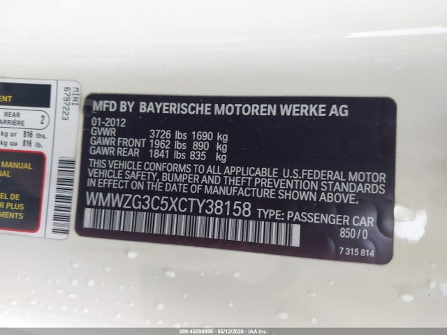 2012 Mini Cooper S Clubman მანქანა იყიდება აუქციონზე, vin: WMWZG3C5XCTY38158, აუქციონის ნომერი: 45098990