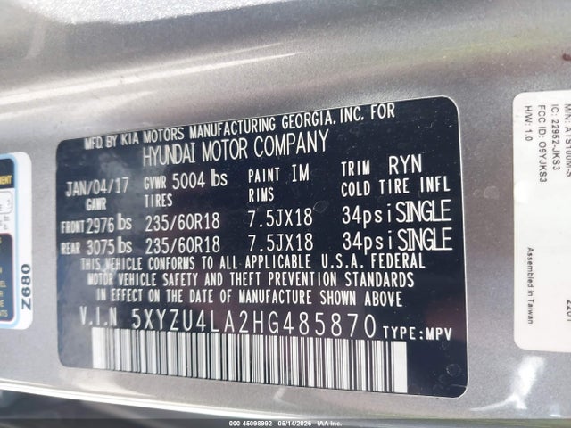 5XYZU4LA2HG485870 Hyundai Santa Fe Sport 2.0t
