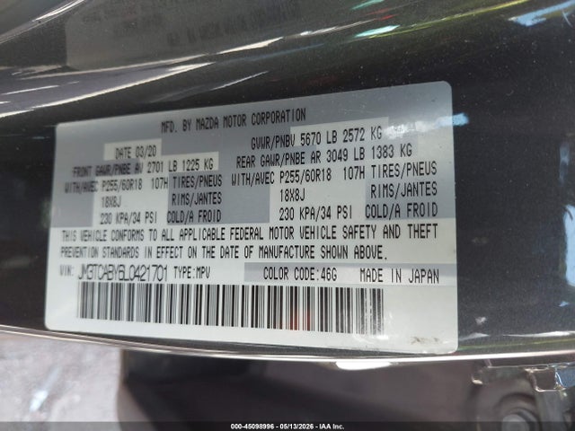 Продаж на аукціоні авто 2020 Mazda Cx-9 Sport, vin: JM3TCABY6L0421701, номер лоту: 45098996