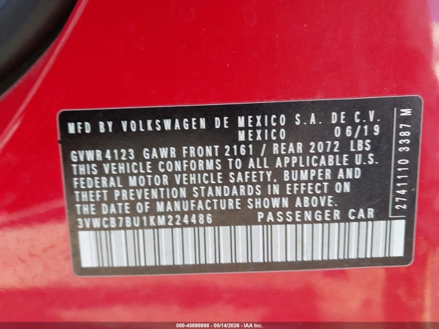 Aukcja sprzedaży 2019 Volkswagen Jetta 1.4t R-line/1.4t S/1.4t Se, vin: 3VWCB7BU1KM224486, numer aukcji: 45098998