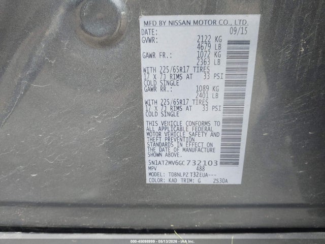 45098999 :رقم المزاد ، 5N1AT2MV6GC732103 vin ، 2016 Nissan Rogue S/sl/sv مزاد بيع