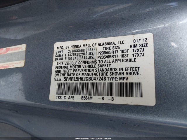 Aukcja sprzedaży 2012 Honda Odyssey Ex-l, vin: 5FNRL5H62CB047248, numer aukcji: 45099000
