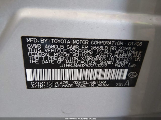 Aukcja sprzedaży 2008 Lexus Es 350, vin: JTHBJ46GX82213229, numer aukcji: 45099006