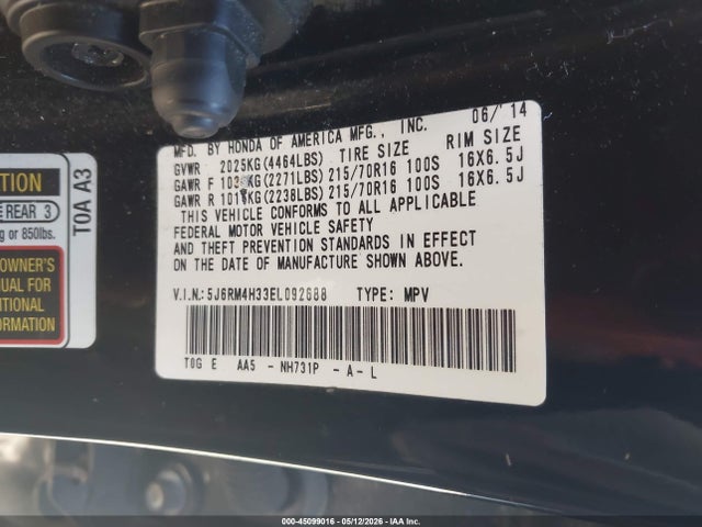 45099016 :رقم المزاد ، 5J6RM4H33EL092688 vin ، 2014 Honda Cr-v Lx مزاد بيع