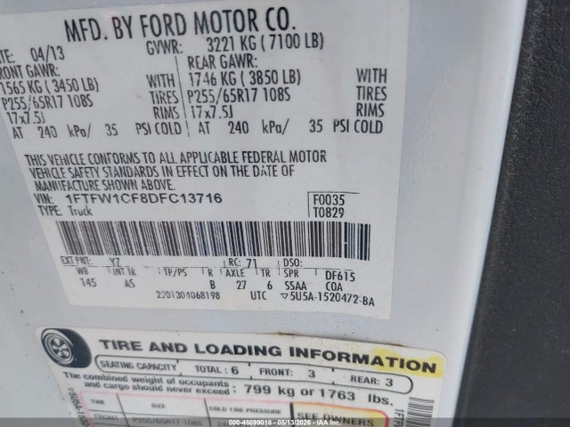 45099018 :رقم المزاد ، 1FTFW1CF8DFC13716 vin ، 2013 Ford F-150 Xl مزاد بيع