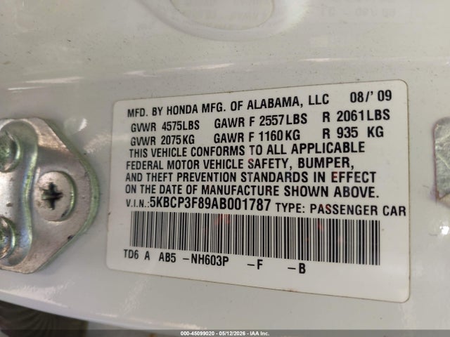 45099020 :رقم المزاد ، 5KBCP3F89AB001787 vin ، 2010 Honda Accord 3.5 Ex-l مزاد بيع