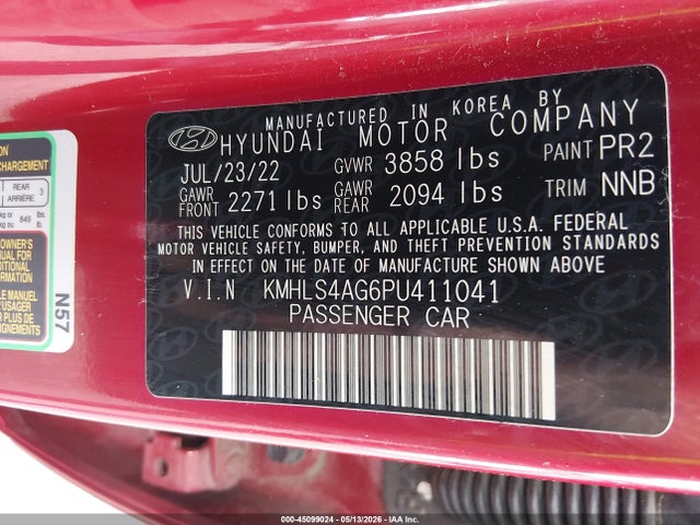 Auction sale of the 2023 Hyundai Elantra Sel, vin: KMHLS4AG6PU411041, lot number: 45099024