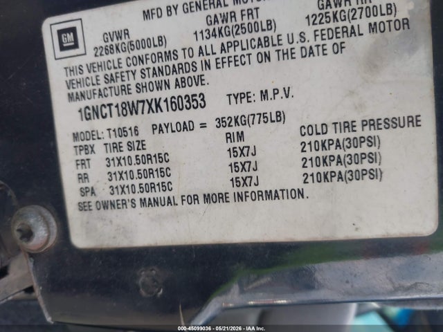 Продаж на аукціоні авто 1999 Chevrolet Blazer Ls, vin: 1GNCT18W7XK160353, номер лоту: 45099036