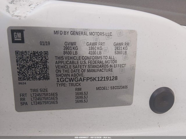Продаж на аукціоні авто 2019 Chevrolet Express 2500 Work Van, vin: 1GCWGAFP5K1219128, номер лоту: 45099037