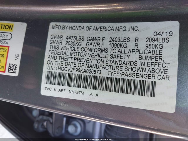 Aukcja sprzedaży 2019 Honda Accord Touring 2.0t, vin: 1HGCV2F95KA020873, numer aukcji: 45099042
