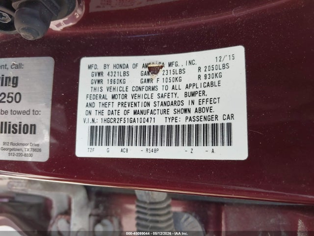 Продажа на аукционе авто 2016 Honda Accord Sport, vin: 1HGCR2F51GA100471, номер лота: 45099044